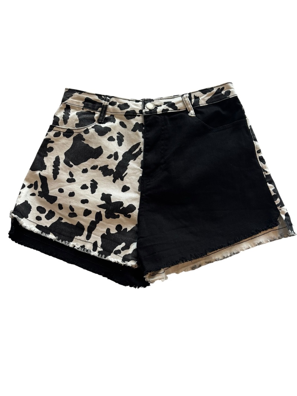Saints & Hearts Black White Cow Print Jean Denim High Low Shorts Western Size 6